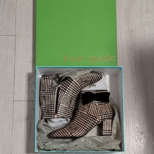 NIB Kate Spade Holly Fur Houndstooth Black White Bow Block Heel Ankle Boots